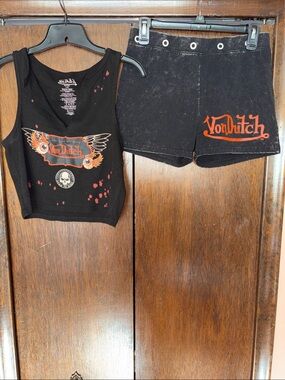 Von Dutch Black Crop Tank and shorts with Orange Winged Logo